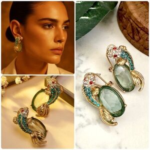 Blue Koi Fish Rhinestone Earrings Goldfish Asian Lg Stone Vtg Style Baroque NEW